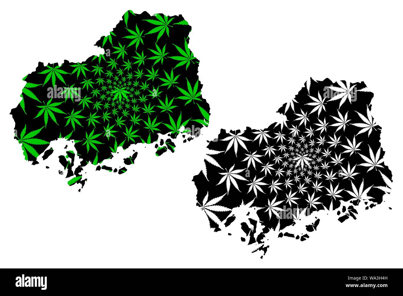 Hiroshima Prefecture (Administrative divisions of Japan, Prefectures of Japan) map is designed cannabis leaf green and black, Hiroshima map made of ma Stock Vector