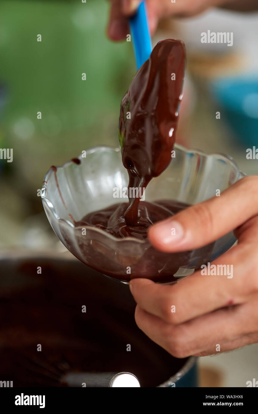 Hands of chef making pudding Stock Photo Alamy