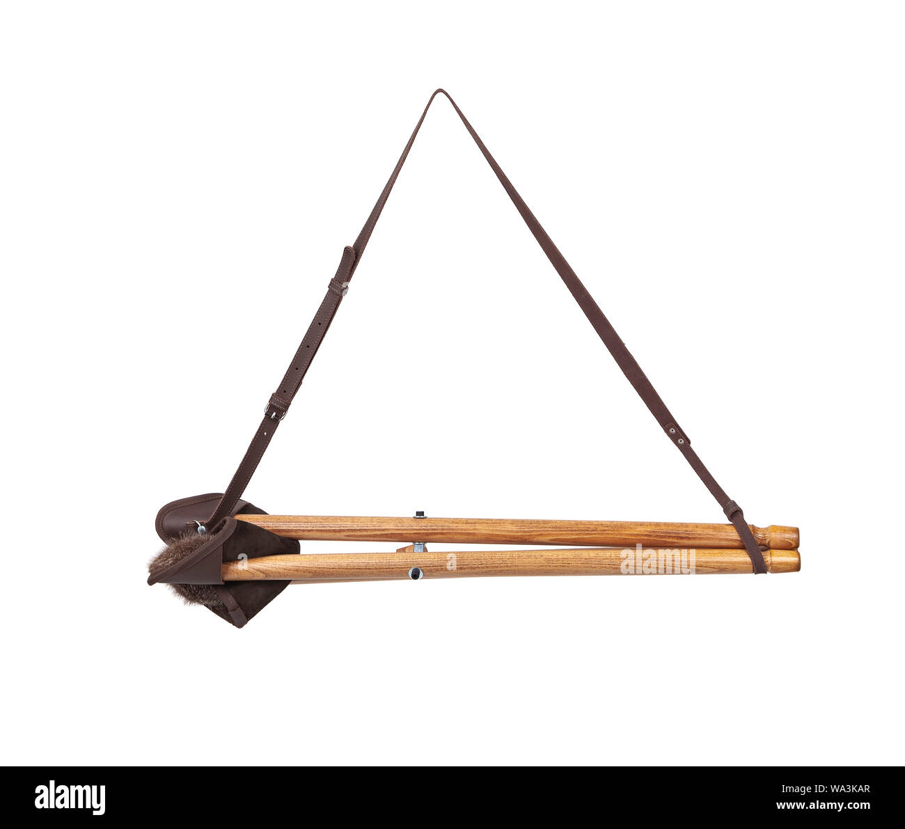 Folding wooden hunting stool tripod isolate on white background. Three