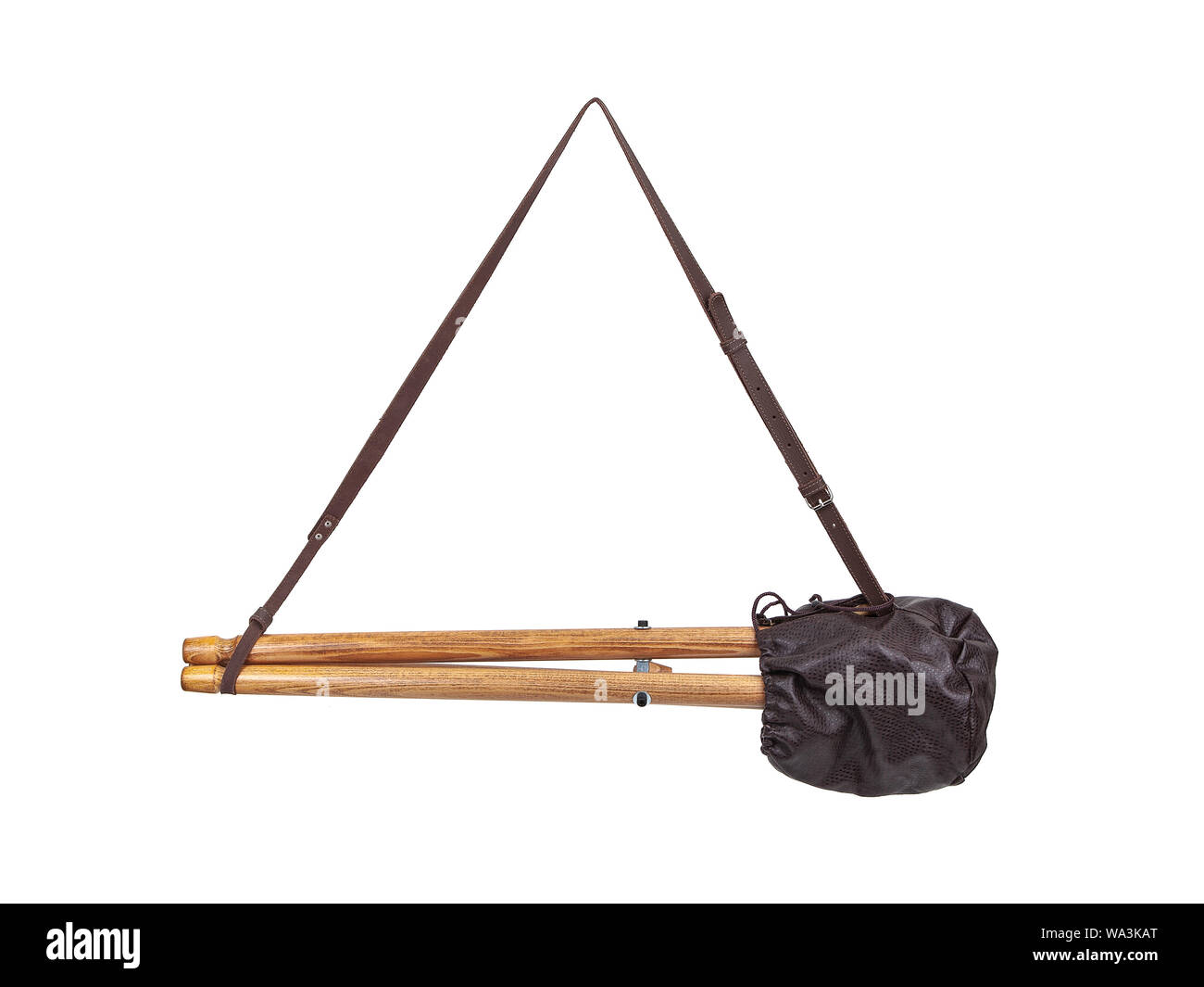 Folding wooden hunting stool tripod isolate on white background. Three