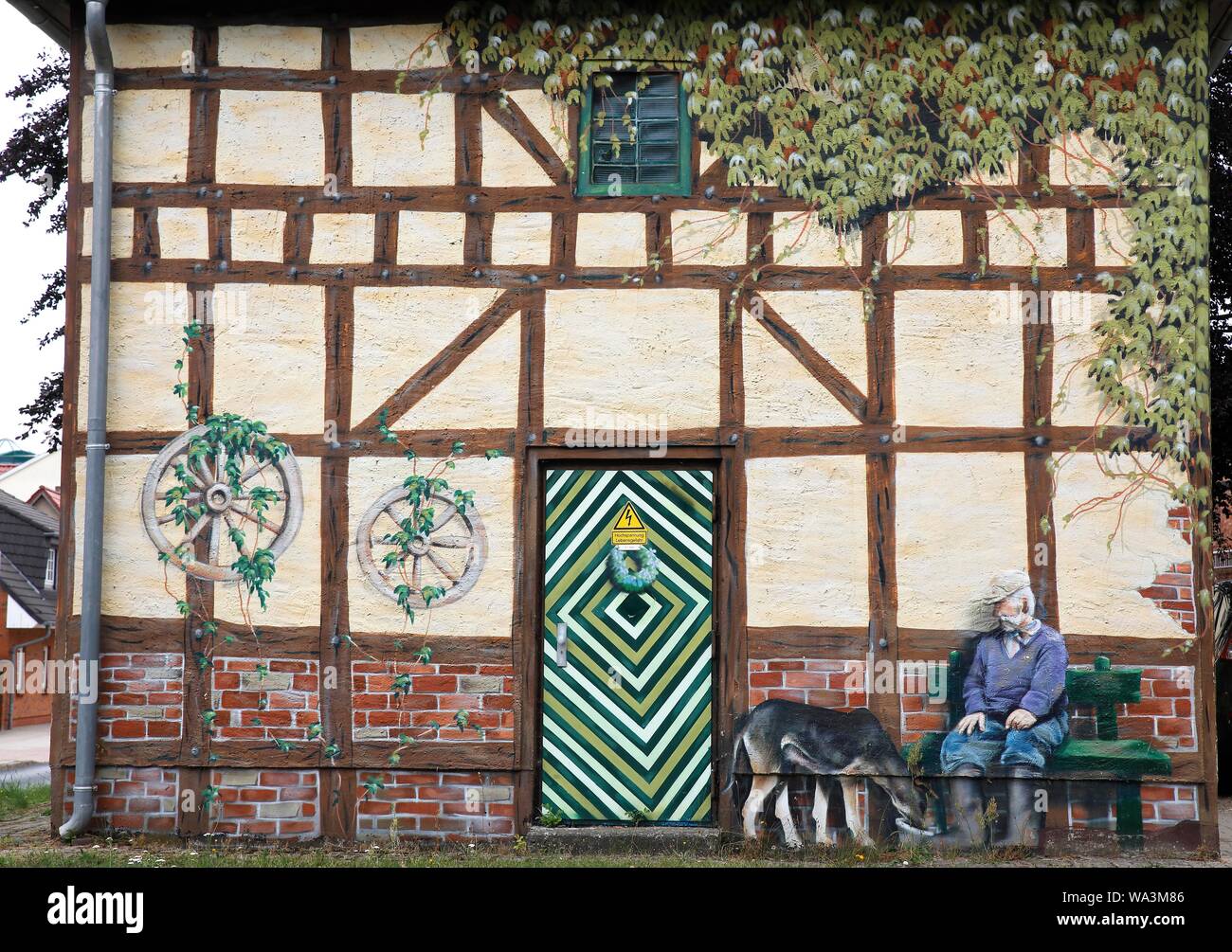 Artful, funny painted little house, Wolgast, Mecklenburg-Western Pomerania, Germany Stock Photo