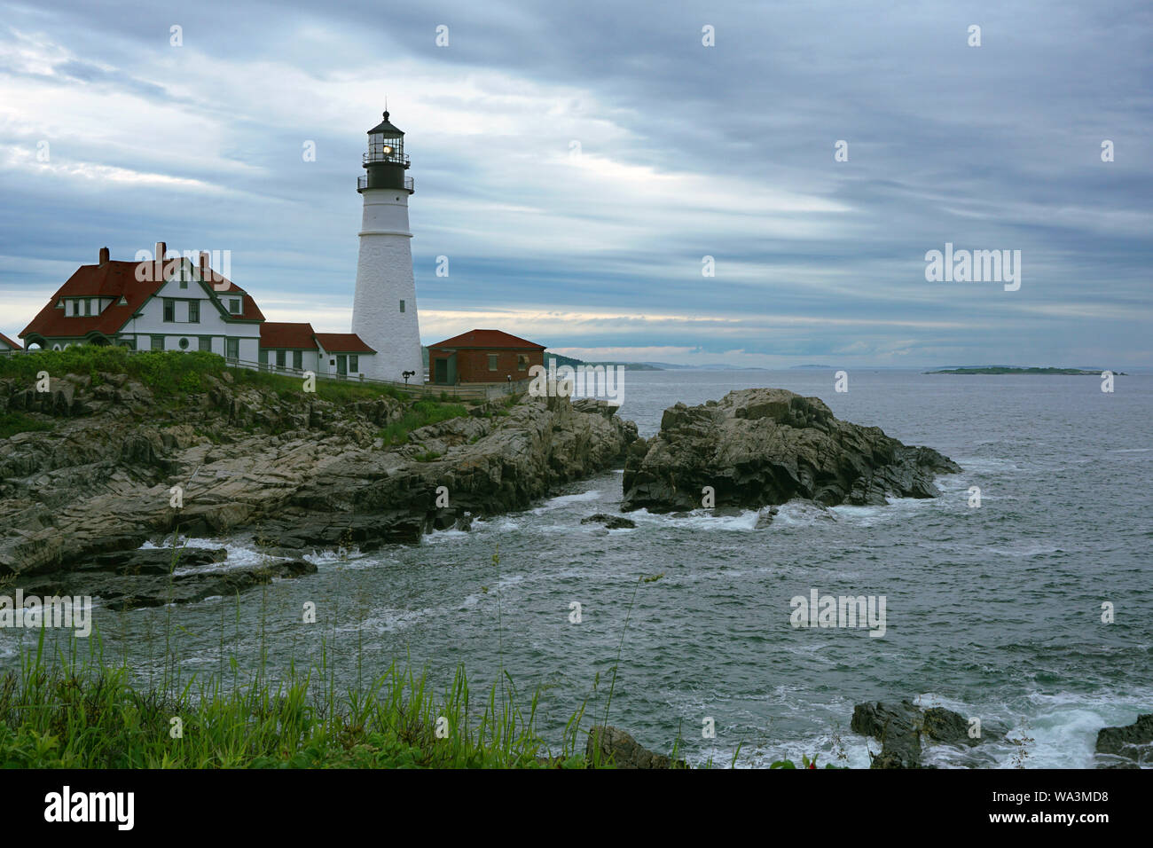 Portland Head Light with grass in foreground Stock Photo