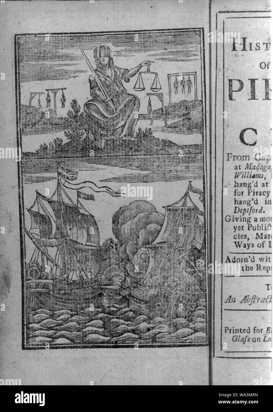 Blind Justice holding sword and scales; 7 men on gallows in bg; Brit. warship and pirate ship in close combat below (frontispiece) Stock Photo