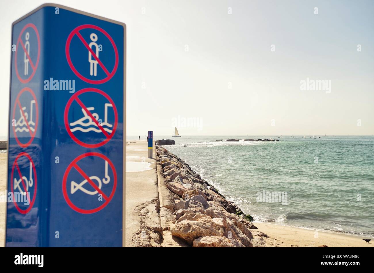 Warning signs in the 'Nova Icaria' beach in the coast of Barcelona Stock Photo