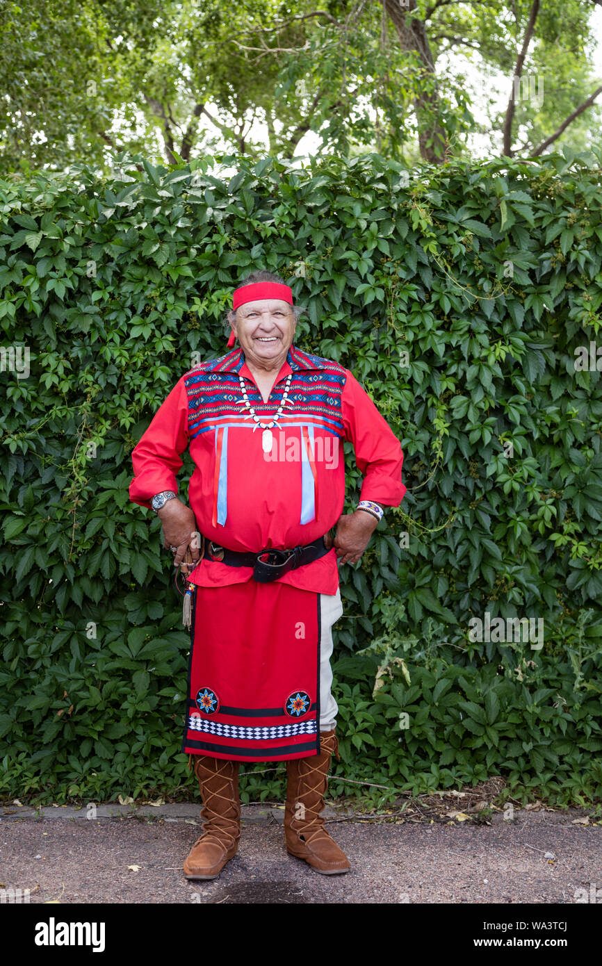 Bob Swann of Colorado Springs, Colorado, a Jicarilla Apache whose tribe is centered in New Mexico, was among the participants at a Colorado Springs Native American Inter-Tribal Powwow and festival in that central Colorado city Stock Photo