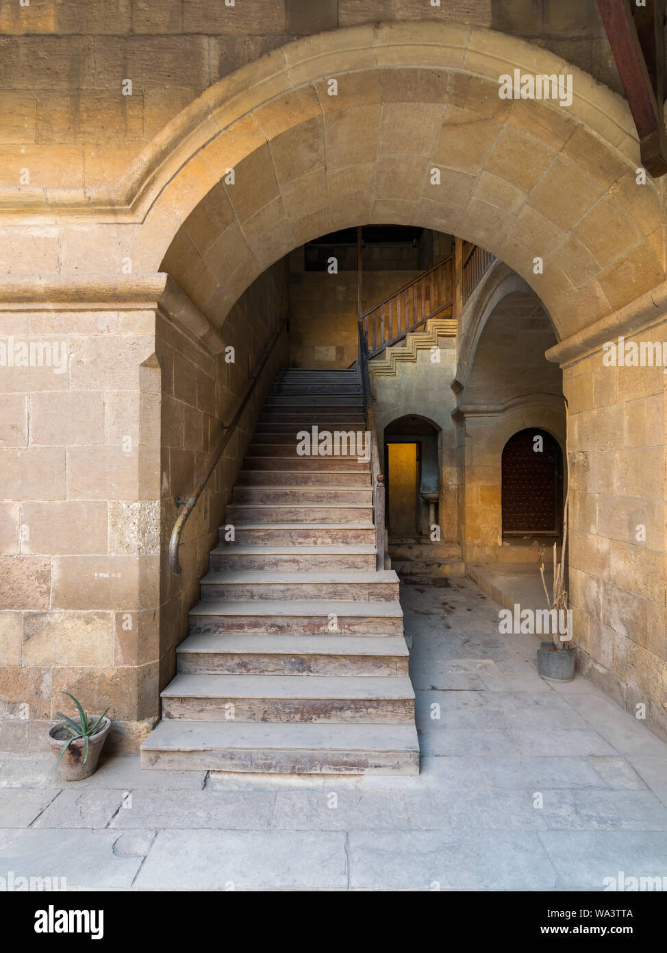 Exterior daylight shot of staircase going up leading to Caravansary - Wikala - of Bazaraa, suited in Gamalia district, Medieval Cairo, Egypt Stock Photo