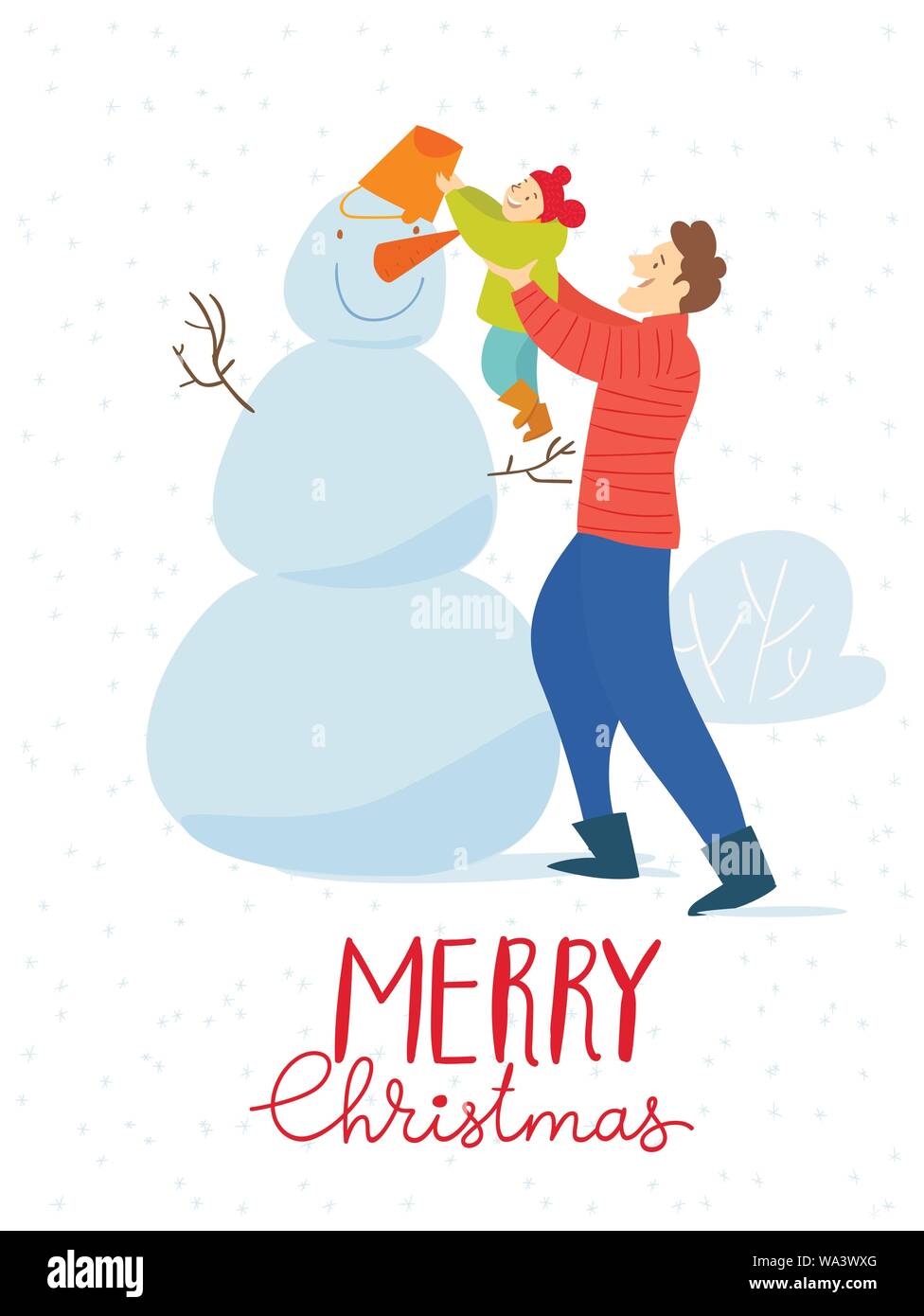 Merry Christmas vector card with father and kid Stock Vector