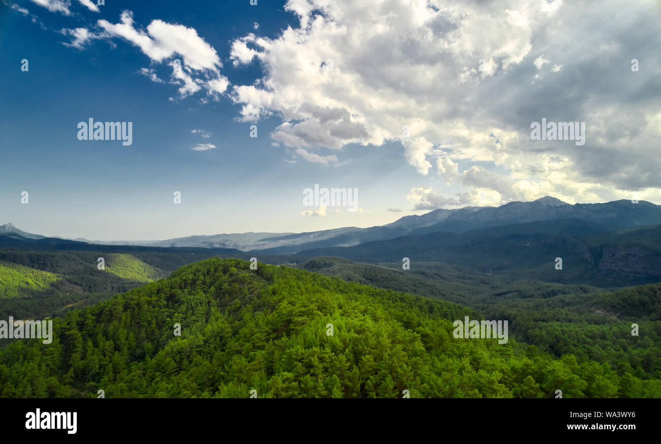 Beautiful landscape with trees and clouds in mountains Stock Photo