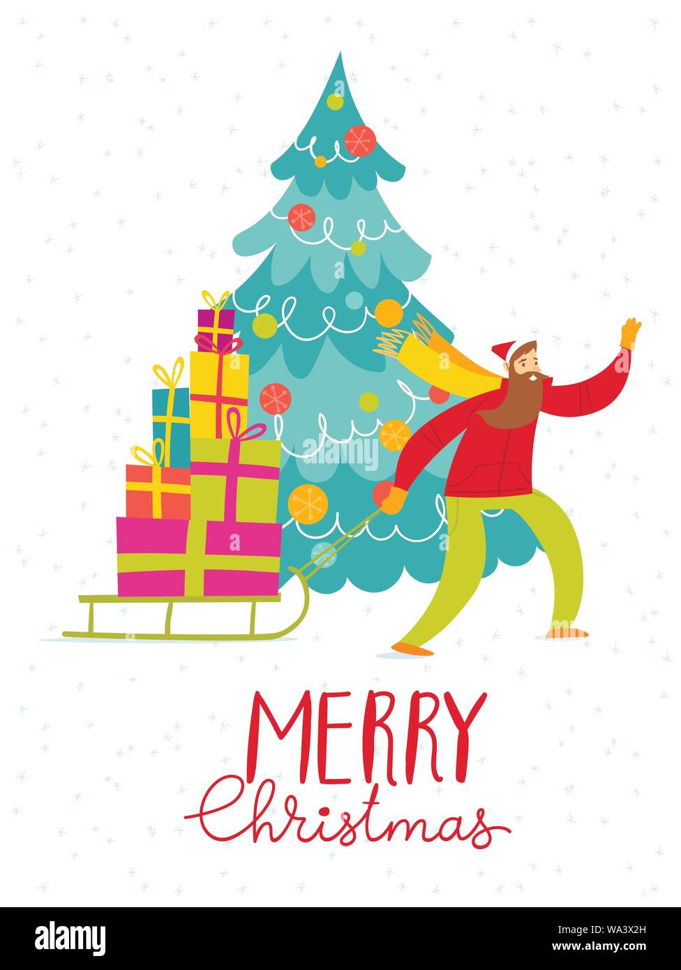 Merry Christmas vector card with shopping man Stock Vector