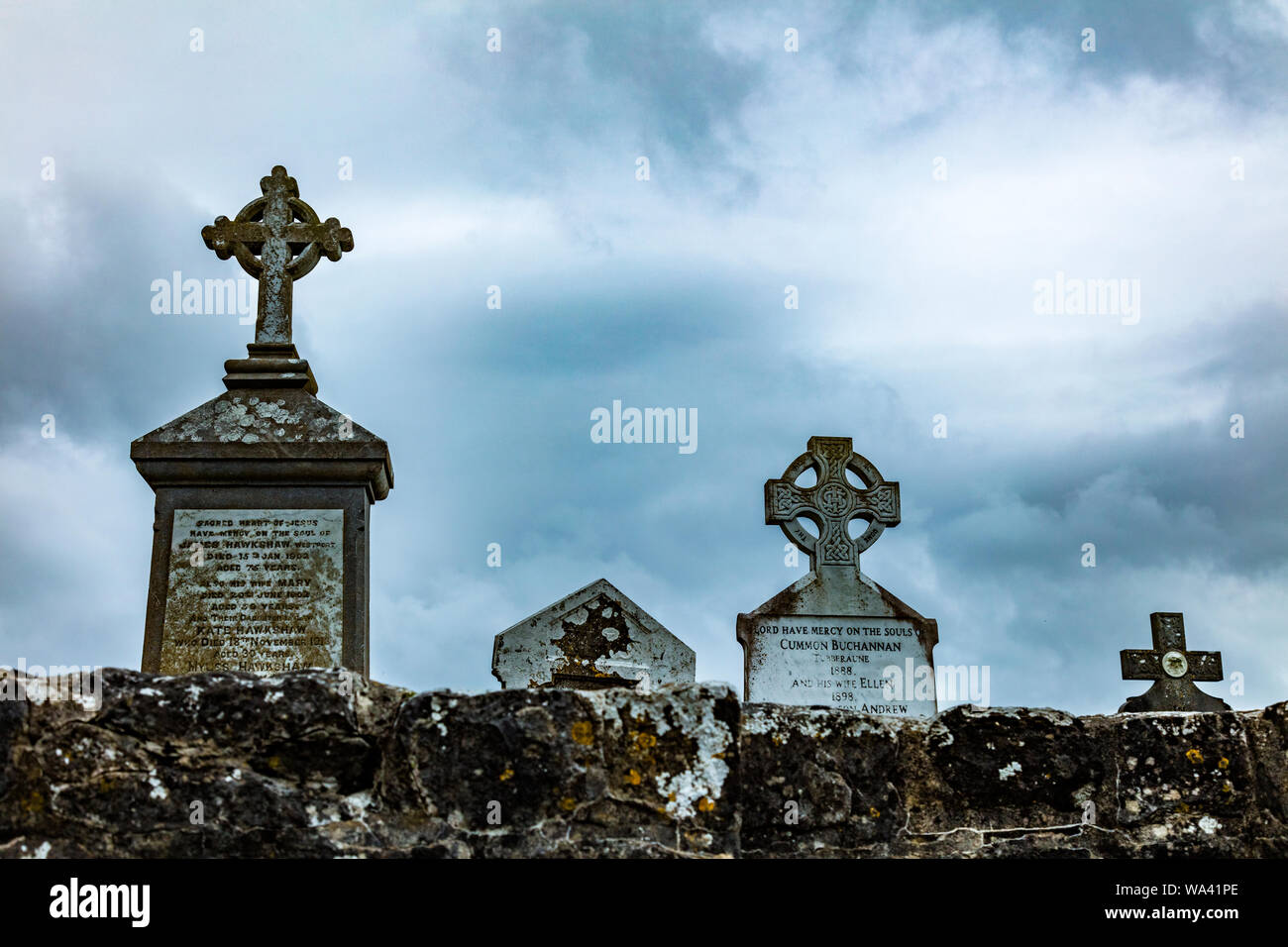 Cemetery crosses at St Patricks Church in the village of Aghagower in County Mayo Ireland Stock Photo