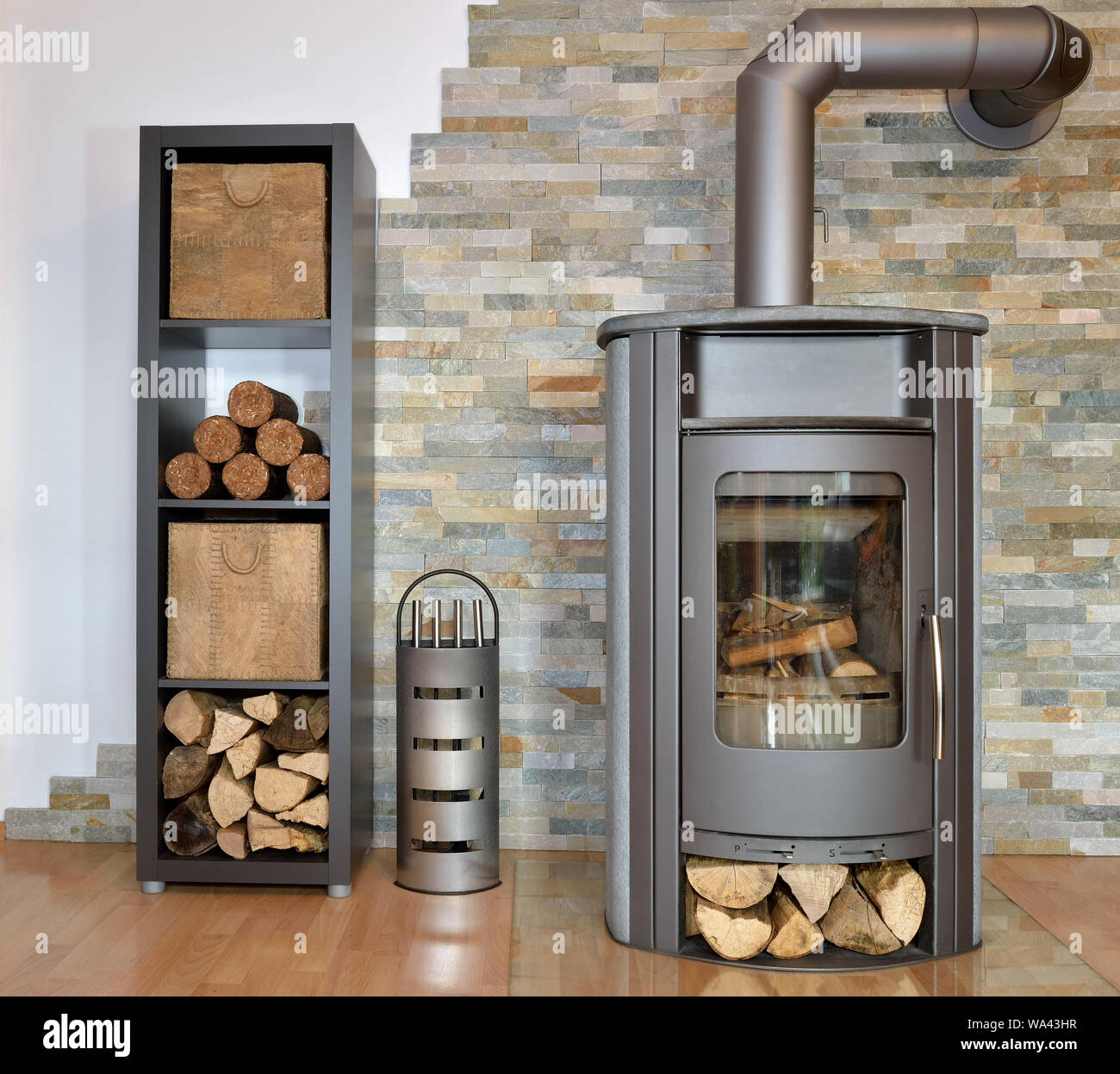 Kaminofen mit Holz und Rindenbriketts Wood burning stove with fire-wood and Stock Photo