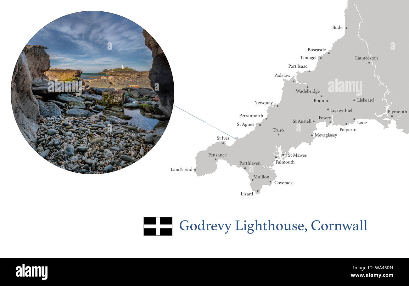 Map Of Cornwall Towns Map Of Cornwall, Featuring Photographic Image Of Godrevy Lighthouse, And  Key Towns In Cornwall Marked On Map Stock Photo - Alamy