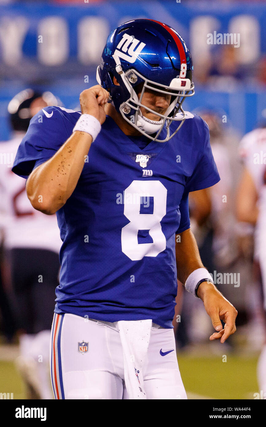 August 16, 2019, New York Giants quarterback Daniel Jones (8) reacts during  the NFL preseason game between the Chicago Bears and the New York Giants at  MetLife Stadium in East Rutherford, New