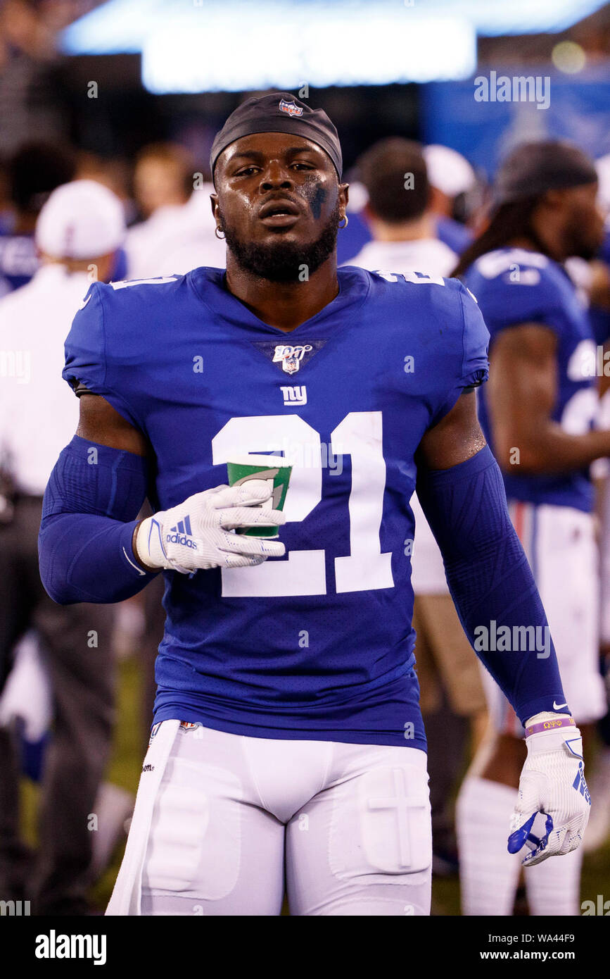 August 16, 2019, New York Giants free safety Jabrill Peppers (21) looks on  during the NFL preseason game between the Chicago Bears and the New York  Giants at MetLife Stadium in East