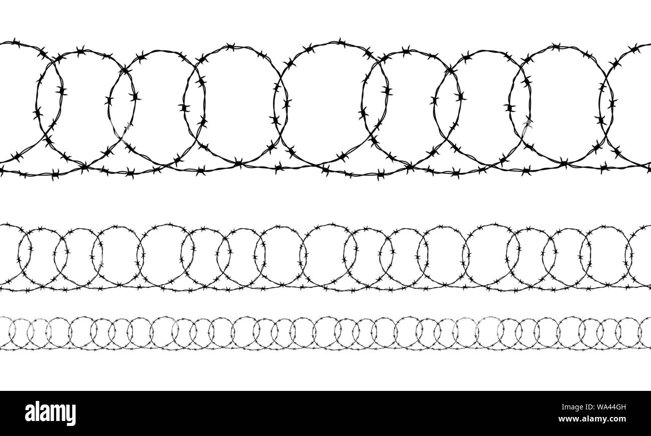 Set of seamless borders of black ravel barbed wire on white Stock Vector