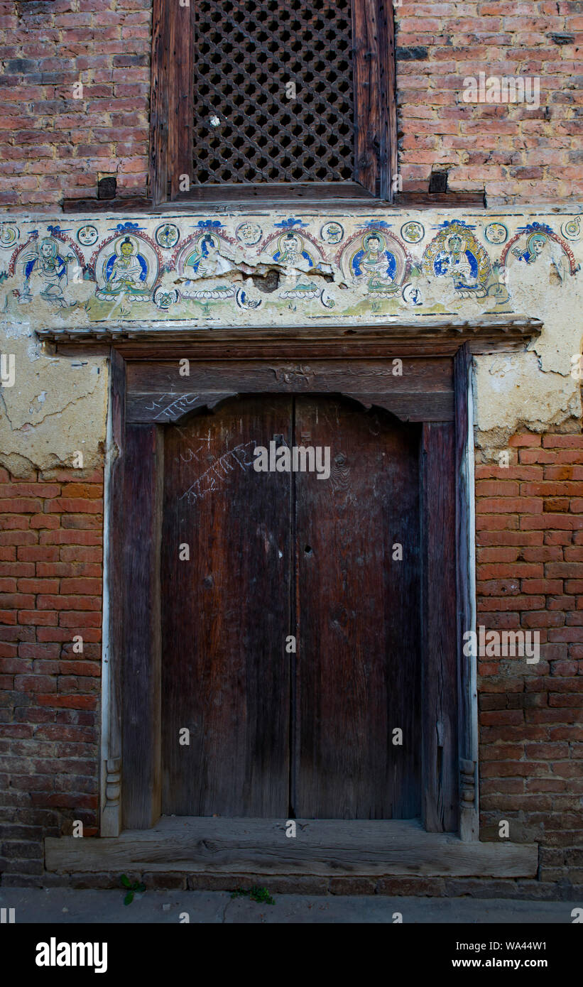 Kathmandu, Nepal_ November 03,2017: wooden door with a painting of a indian  divinity above Stock Photo