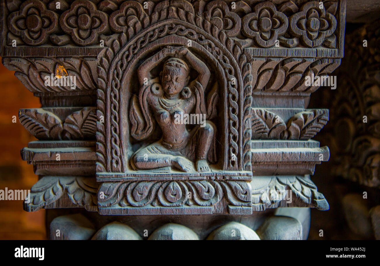 Kathmandu, Nepal  November 03,2017: wooden carved Hindu divinity in Patan temple in Kathmandu Stock Photo