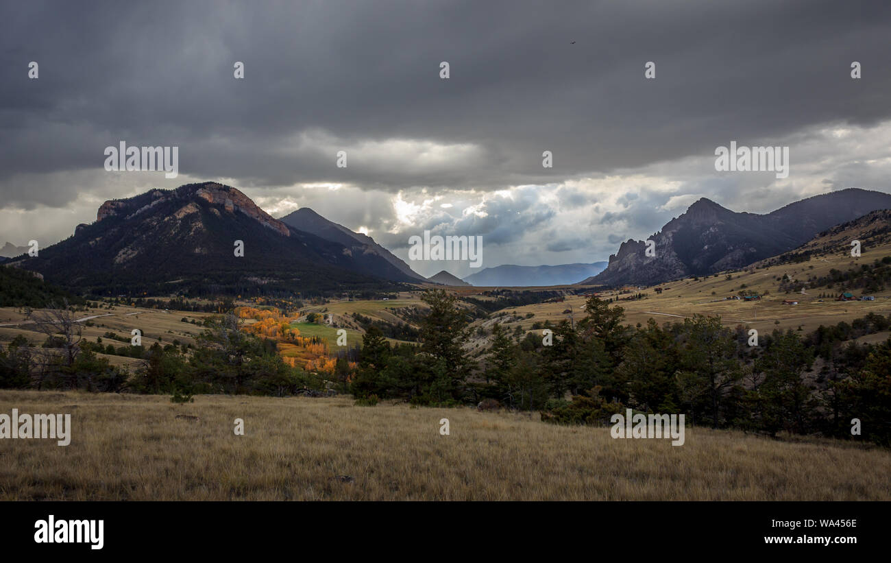 Afternoon thunderstorms moving through the Chief Joseph Scenic Byway, Wyoming, USA Stock Photo