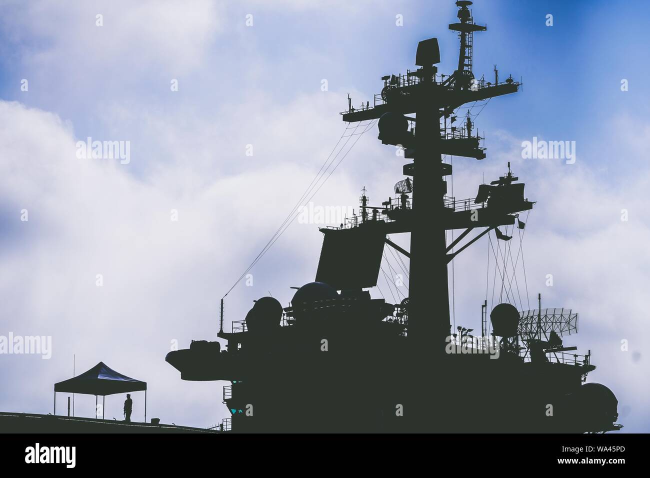 Silhouette of the US aircraft carrier in San Diego Stock Photo