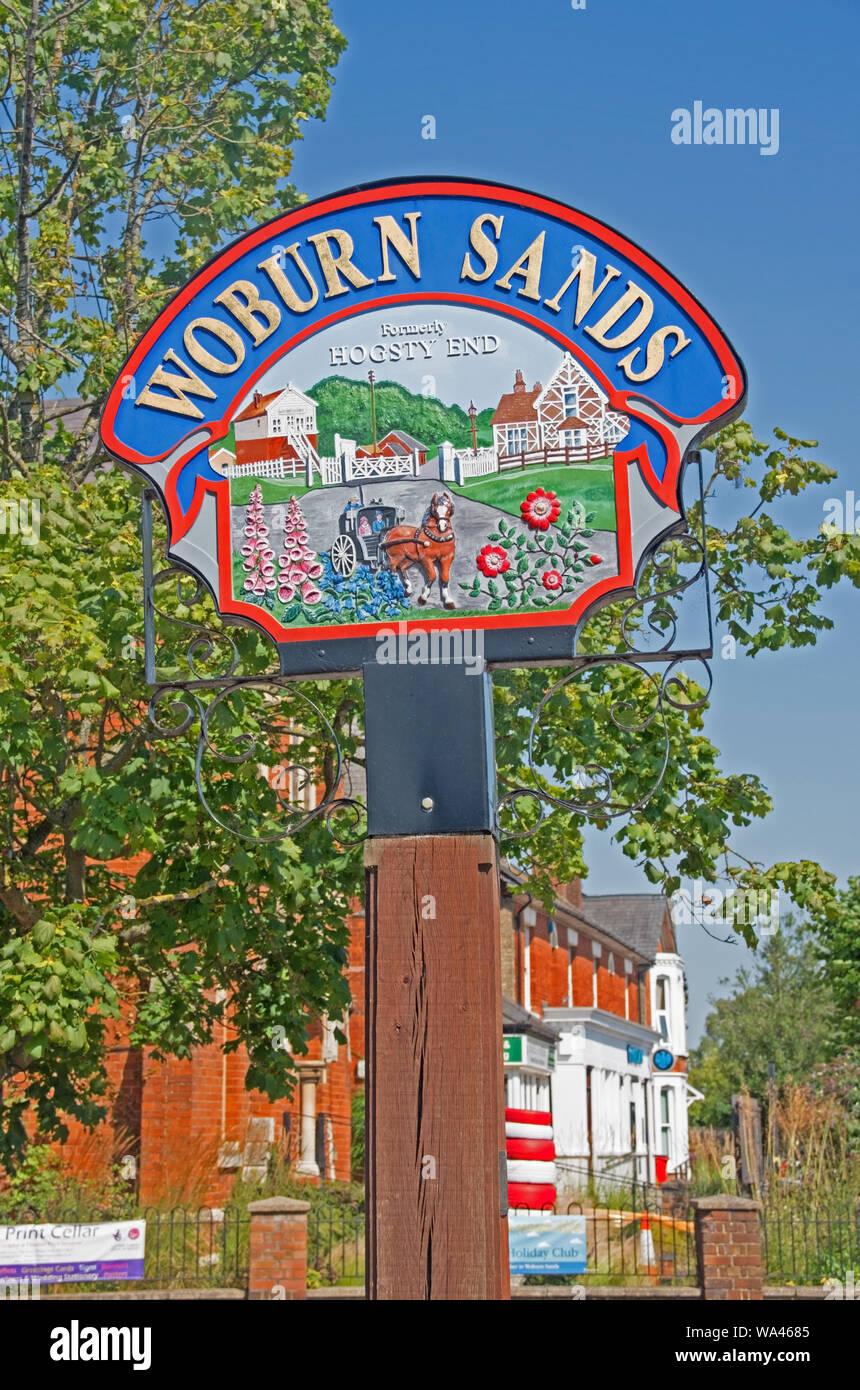 Woburn Sands Formerly Hogsty End Village Sign Bedfordshire Stock Photo