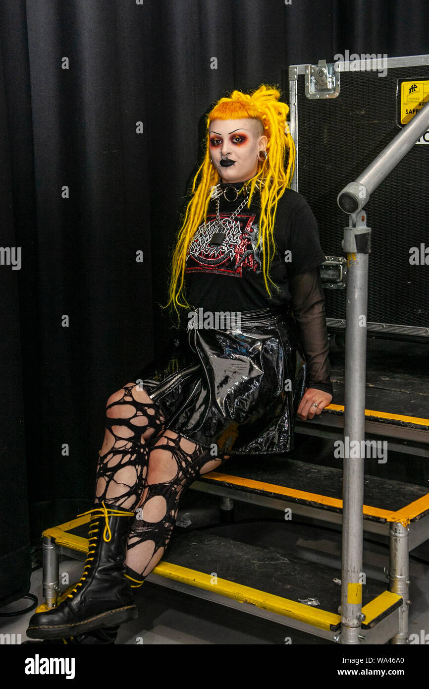 Blackpool, Lancashire. UK 17th Aug 2019. UK Entertainment; Larana (MR) Goth Punk; Tatcon tattoo festival opens Blackpool. Tatcon Blackpool is an event held from August 16th to 18th 2019 at the