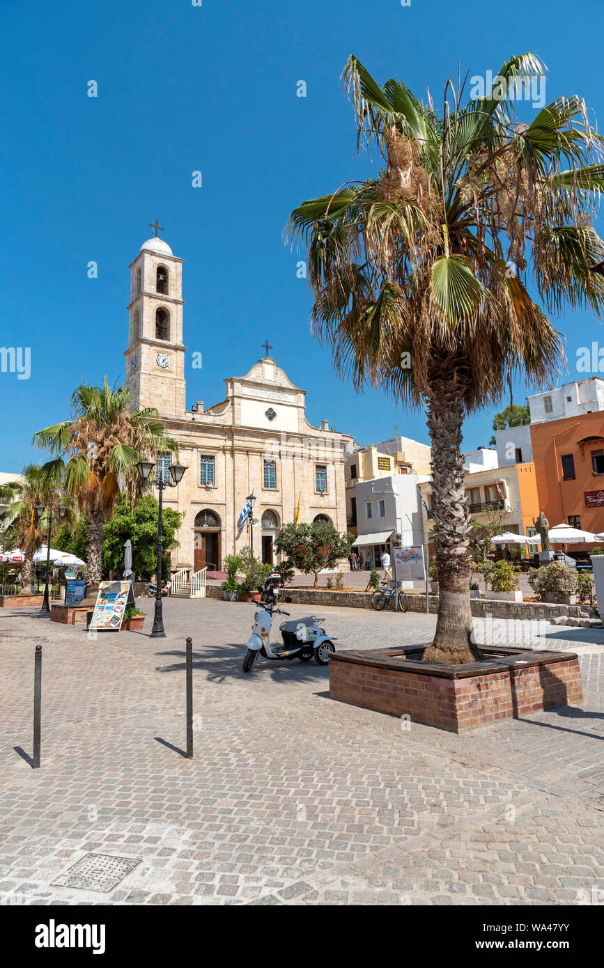 Chania, Crete, Greece. June 2019. Chania Cathedral dedicated to Panagia Trimartyri the Patron Saint of Chania in the old town centre. Stock Photo