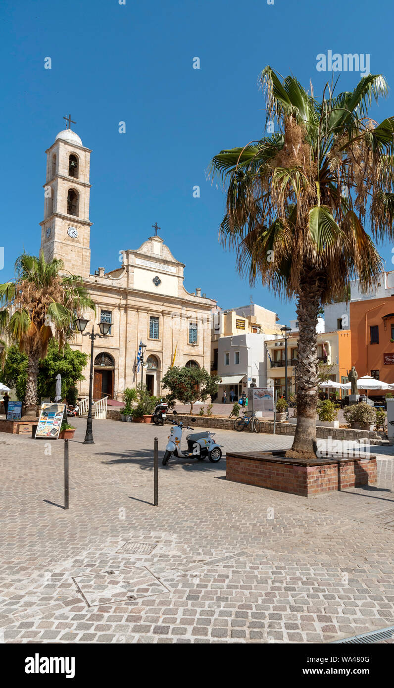 Chania, Crete, Greece. June 2019. Chania Cathedral dedicated to Panagia Trimartyri the Patron Saint of Chania in the old town centre. Stock Photo