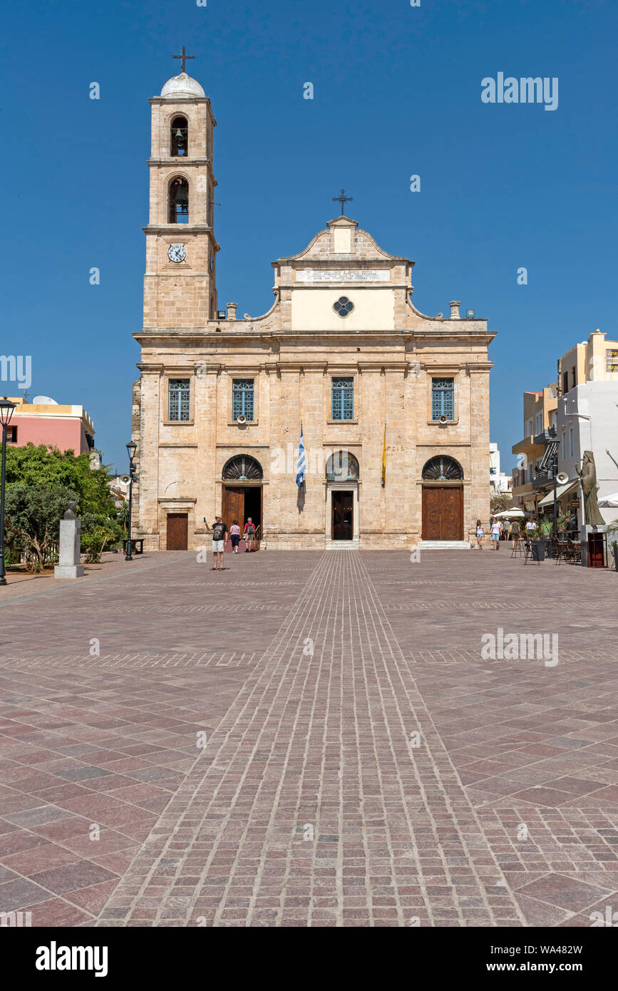 Chania, Crete, Greece. June 2019. Chania Cathedral dedicated to Panagia Trimartyri the Patron Saint of Chania in the old town centre. Stock Photo