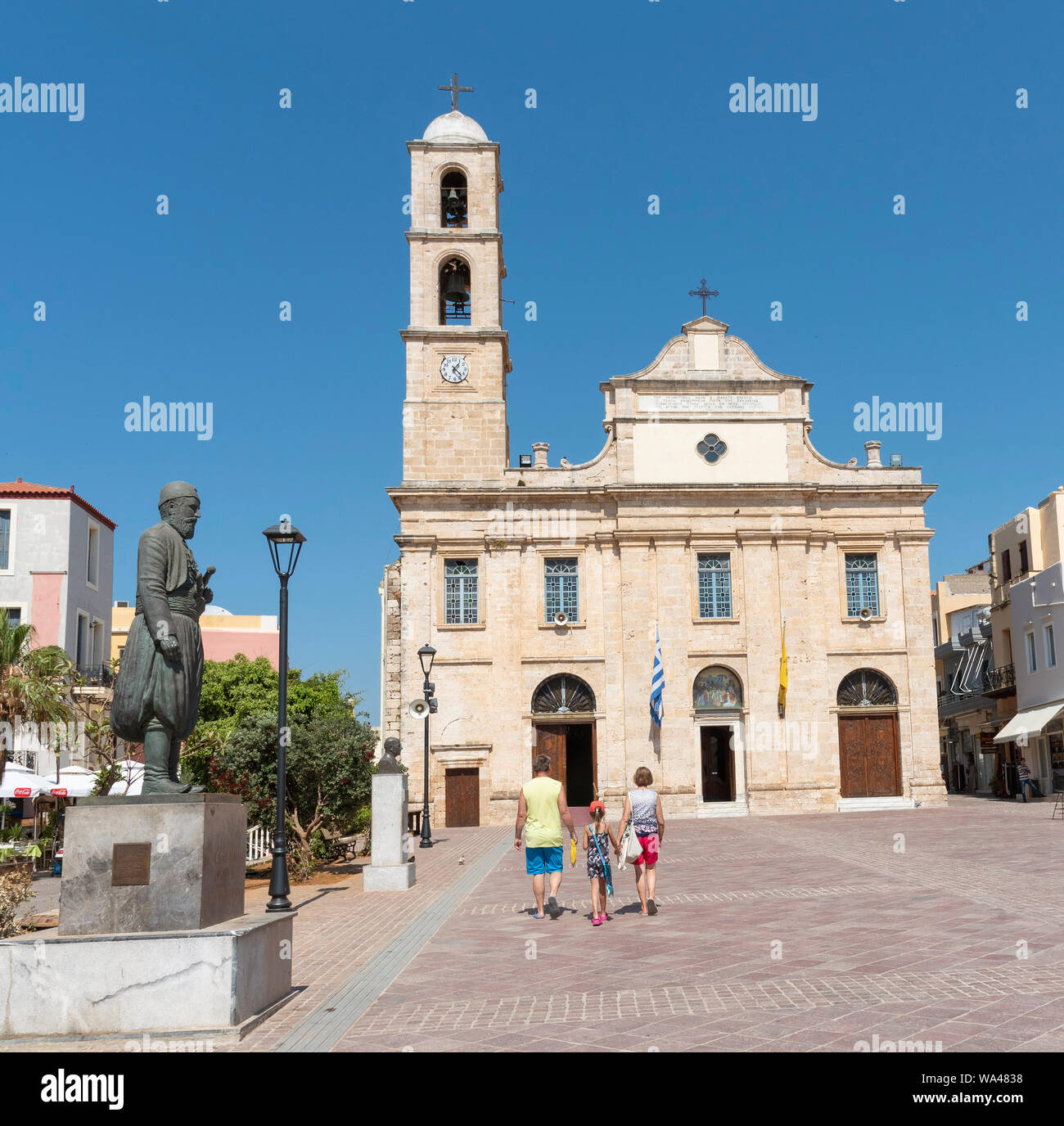 Chania, Crete, Greece. June 2019. Chania Cathedral dedicated to Panagia Trimartyri the Patron Saint of Chania in the old town centre. Stock Photo