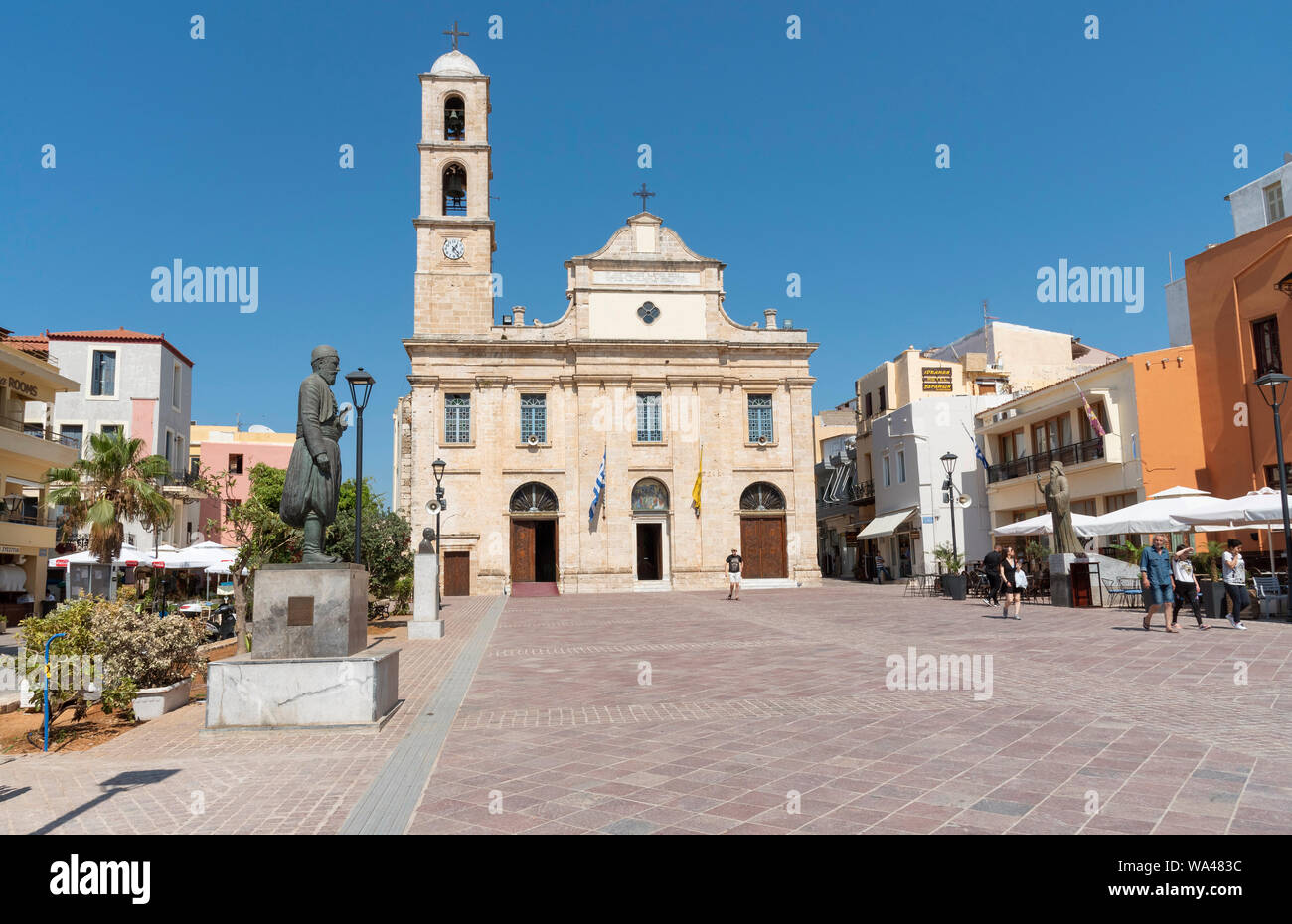 Chania, Crete, Greece. June 2019. Chania Cathedral dedicated to Panagia Trimartyri the Patron Saint of Chania in the old town centre. Stock Photo