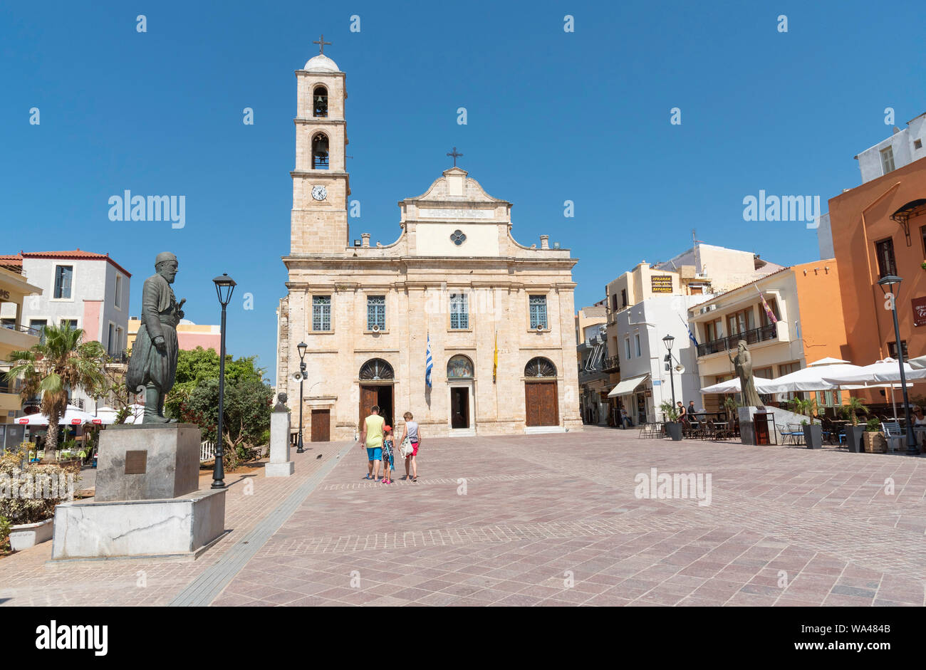 Chania, Crete, Greece. June 2019. Chania Cathedral dedicated to Panagia Trimartyri the Patron Saint of Chania in the old town centre. Stock Photo