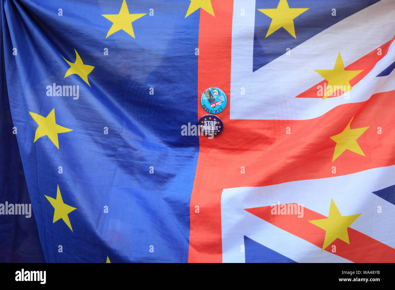 Cobined Union Jack and EU European flag with Stop Brexit stickers  outside Cabinet Office in Whitehall, Westminster, London Stock Photo