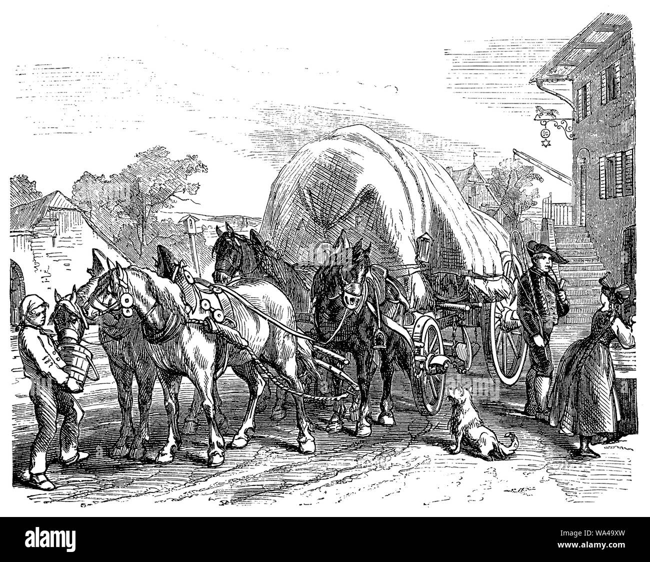 Travel with carriage horse-drawn for passengers and goods Stock Photo