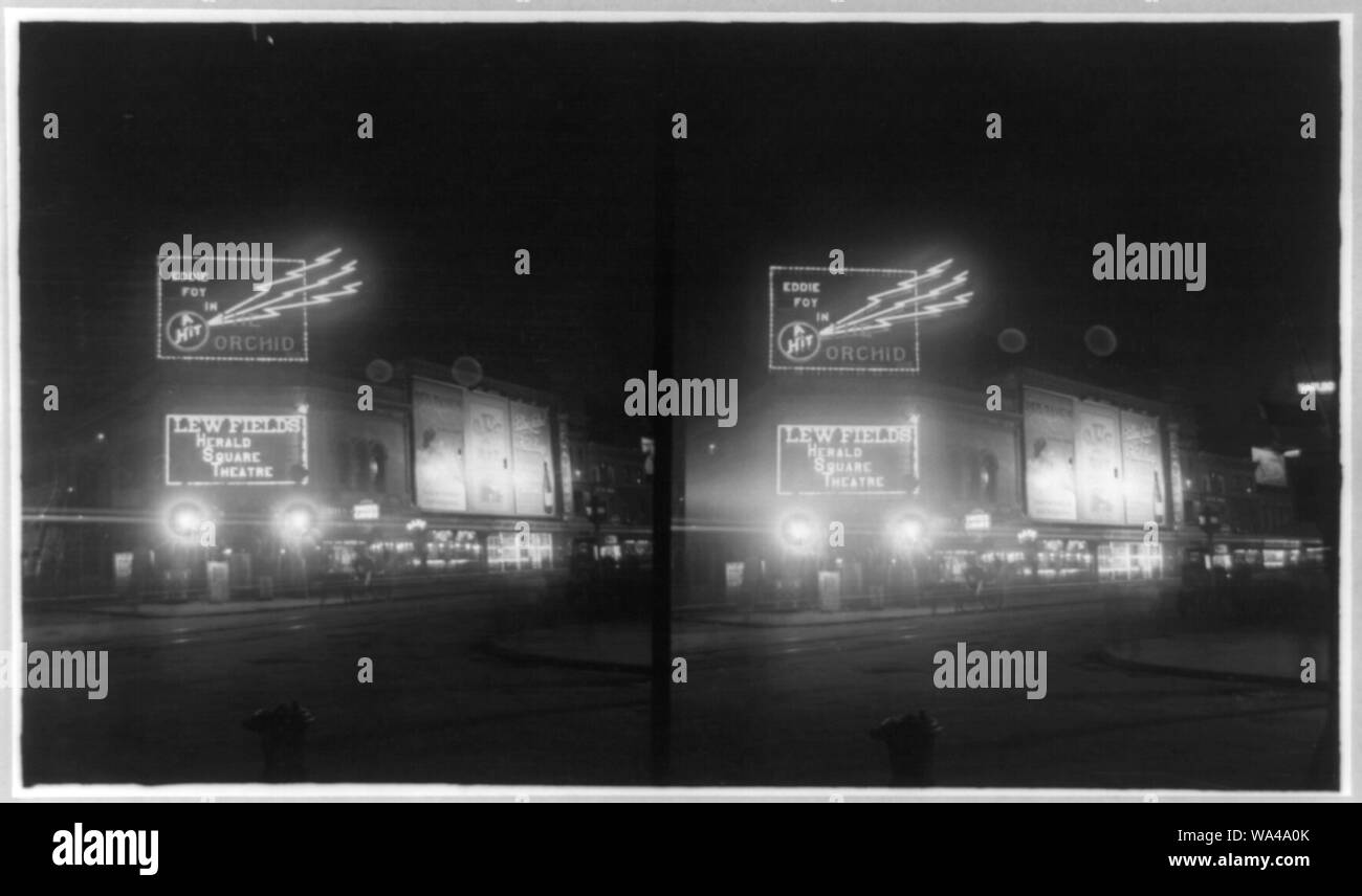 Broadway and Herald Square Theatre at night, New York City Stock Photo