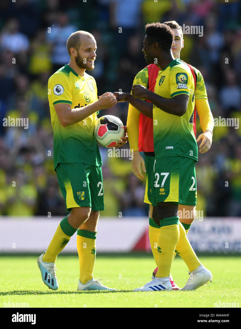 Norwich City S Teemu Pukki Left And Alexander Tettey Right After The Final Whistle During The Premier League Match At Carrow Road Norwich Stock Photo Alamy