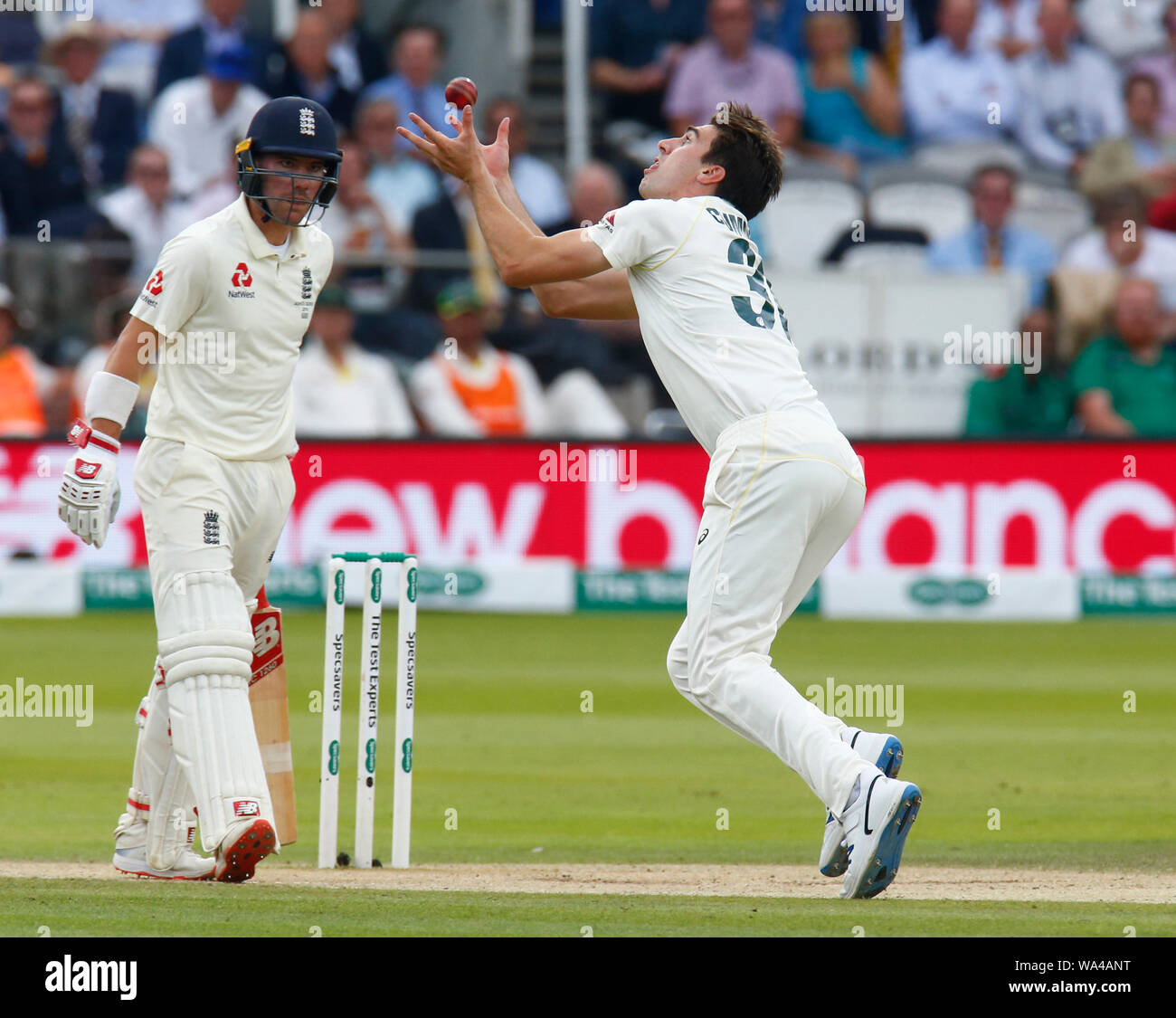 London, UK. 17th Aug, 2019. LONDON, ENGLAND. AUGUST 17: Pat Cummins of Australia caught and bowled Jason Roy of England during play on the 4th day of the second Ashes cricket Test match between England and Australia at Lord's Cricket ground in London, England on August 17, 2019 Credit: Action Foto Sport/Alamy Live News Stock Photo