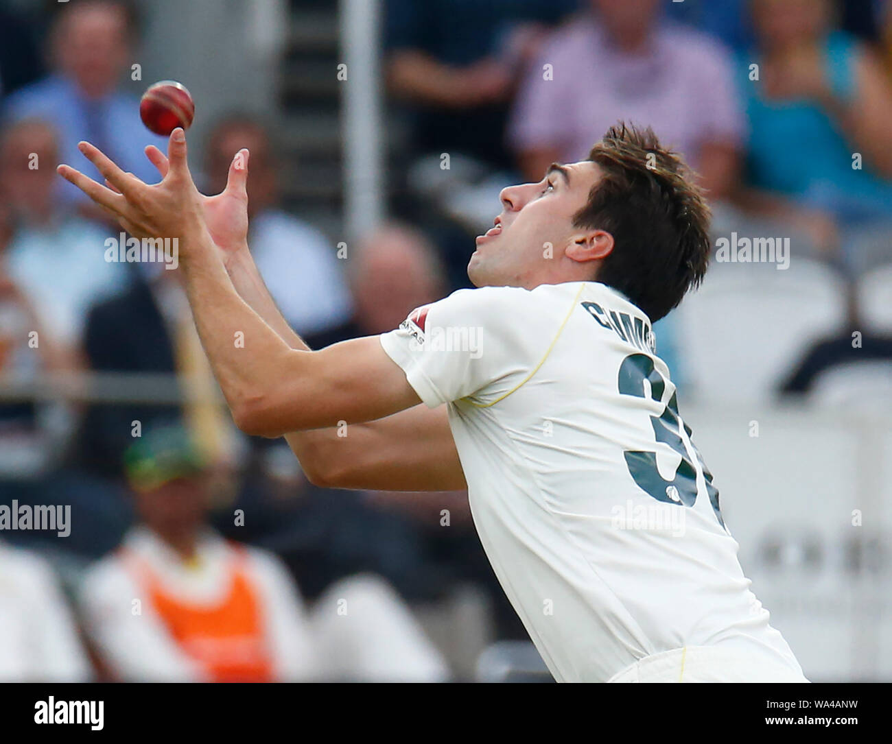 London, UK. 17th Aug, 2019. LONDON, ENGLAND. AUGUST 17: Pat Cummins of Australia caught and bowled Jason Roy of England during play on the 4th day of the second Ashes cricket Test match between England and Australia at Lord's Cricket ground in London, England on August 17, 2019 Credit: Action Foto Sport/Alamy Live News Stock Photo