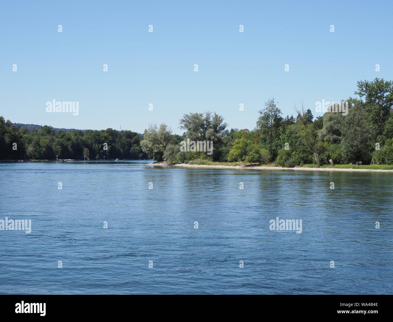 Rhine river landscapes between european cities Diessenhofen and Schafhausen  in Switzerland with clear blue sky in 2018 warm sunny summer day on August  Stock Photo - Alamy