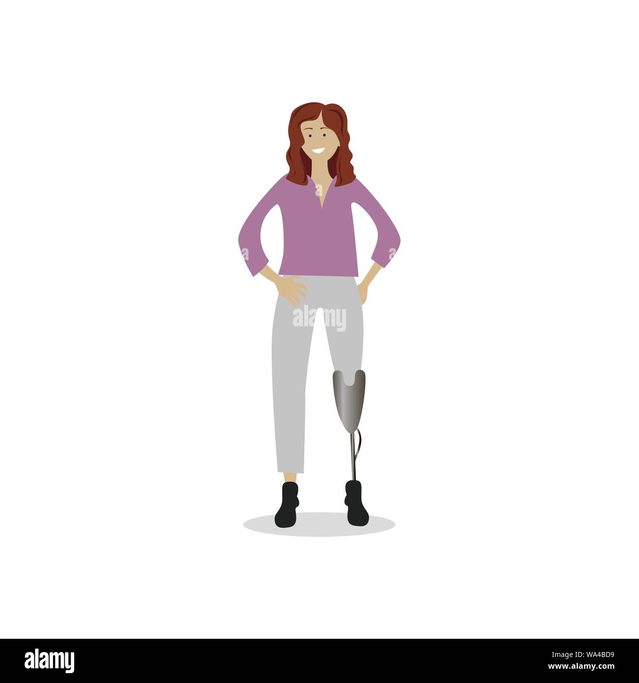 Girl with prosthetic leg isolated on white. Girl power, vector amputee leg, illustration handicapped, body part injured Stock Vector