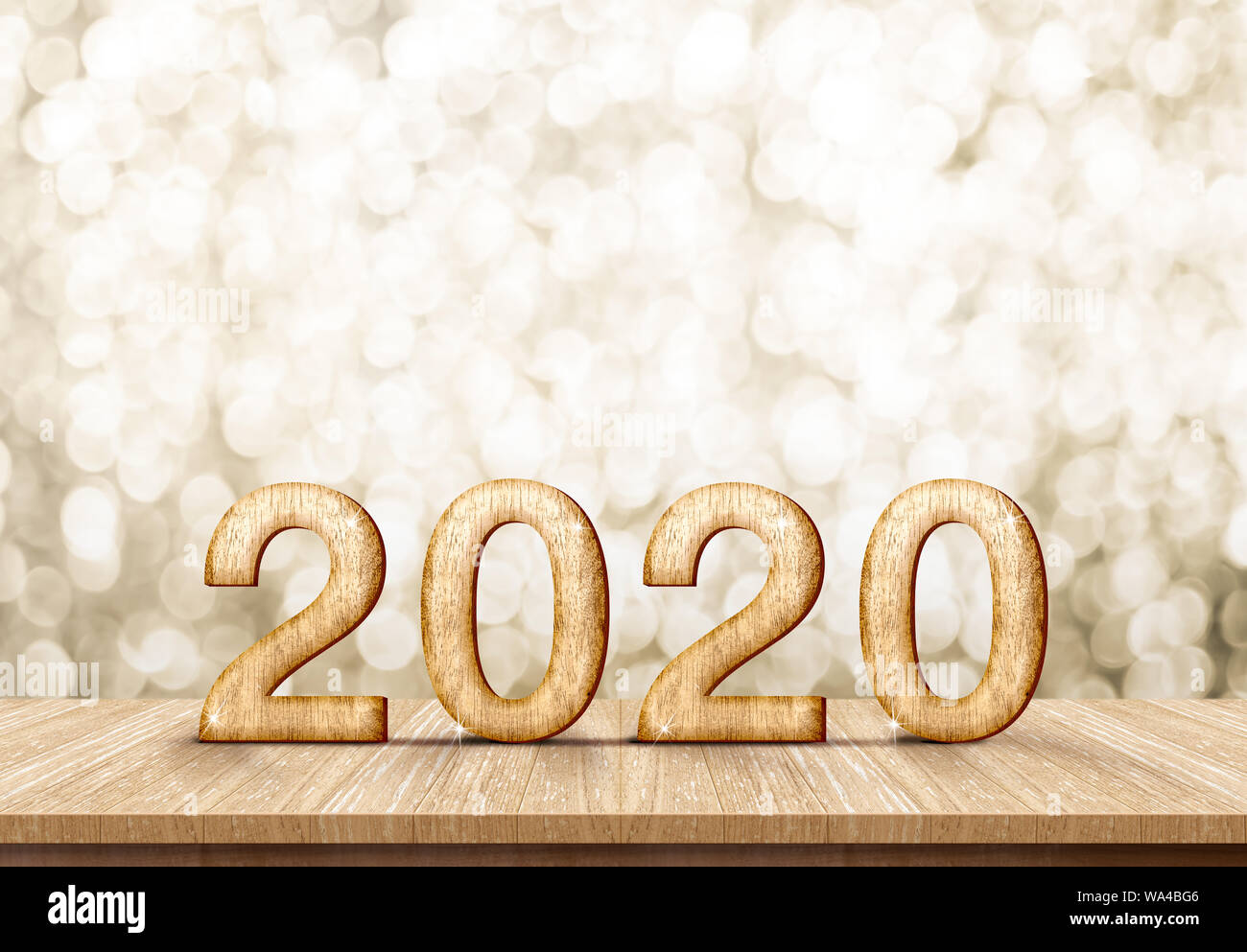 Happy new year 2020 (3d rendering) on wood plank table at gold sparkle bokeh abstract background,holiday greeting card Stock Photo