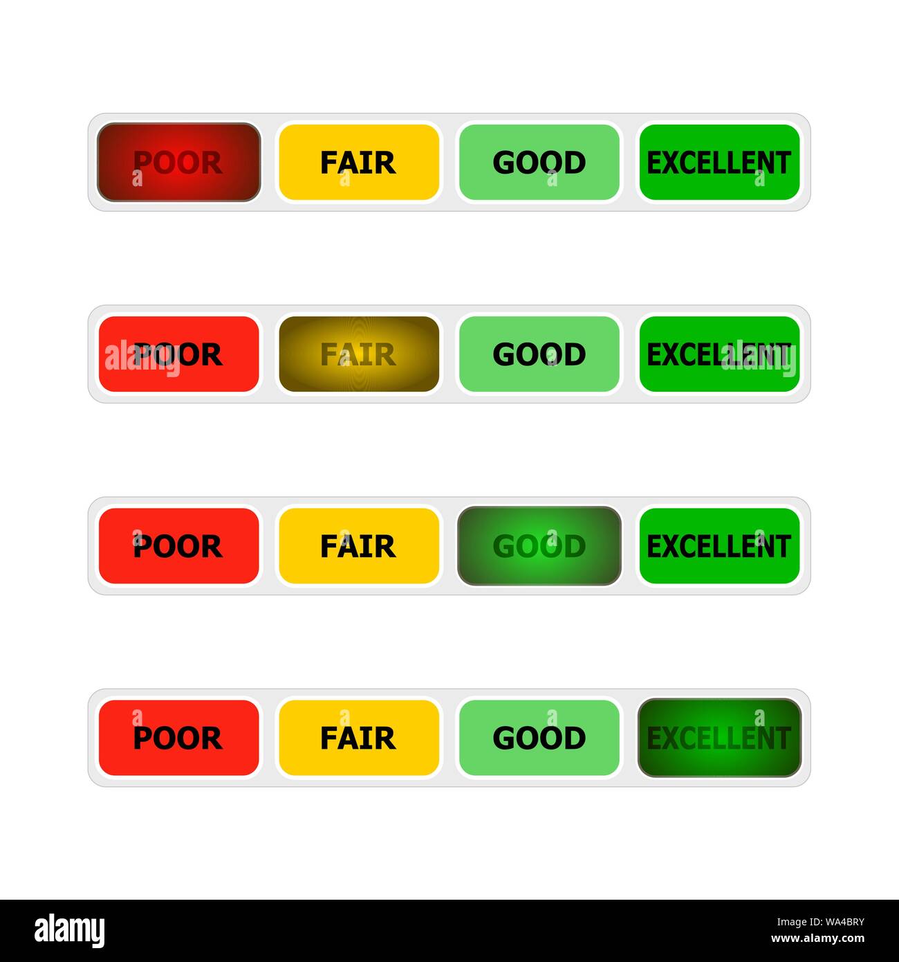 Credit score bar indicator, lighting button poor fair, good and excellent. Vector credit meter bar, scale rating level, chart and graph poor to excell Stock Vector