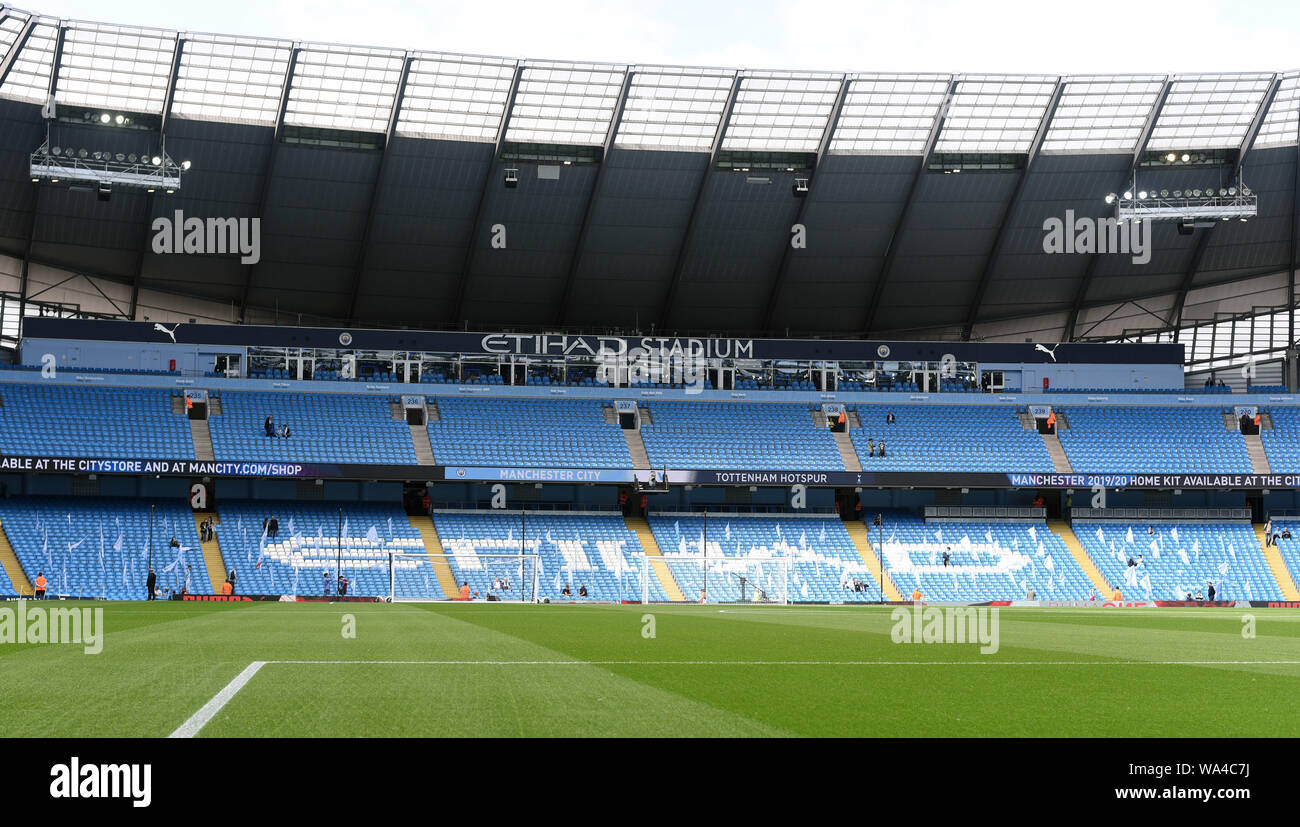 17th August 2019; Etihad Stadium, Manchester, Greater Manchester, England; Manchester City versus Tottenham Hotspur; The Etihad Stadium before the game against Tottenham Hotspur - Strictly Editorial Use Only. No use with unauthorized audio, video, data, fixture lists, club/league logos or 'live' services. Online in-match use limited to 120 images, no video emulation. Stock Photo