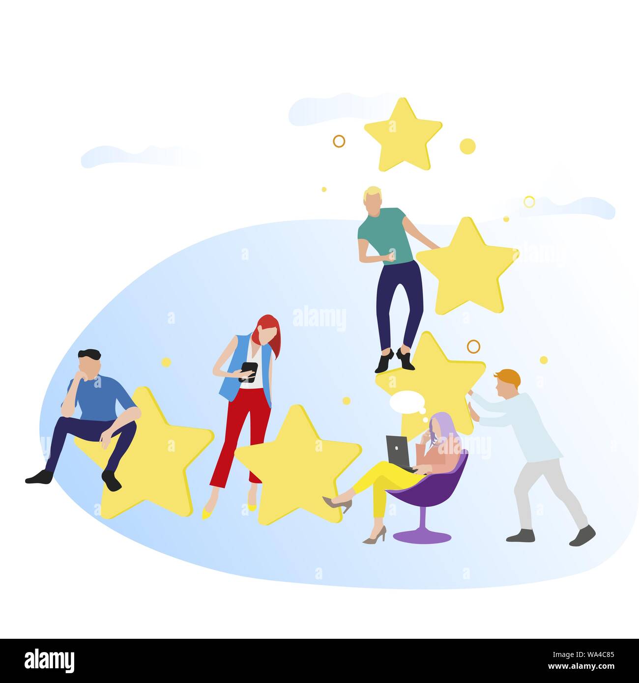 People give feedback and rate stars. Vector customer review. Illustration star ranking and result vote, rating quality star from clients, rate evaluat Stock Vector