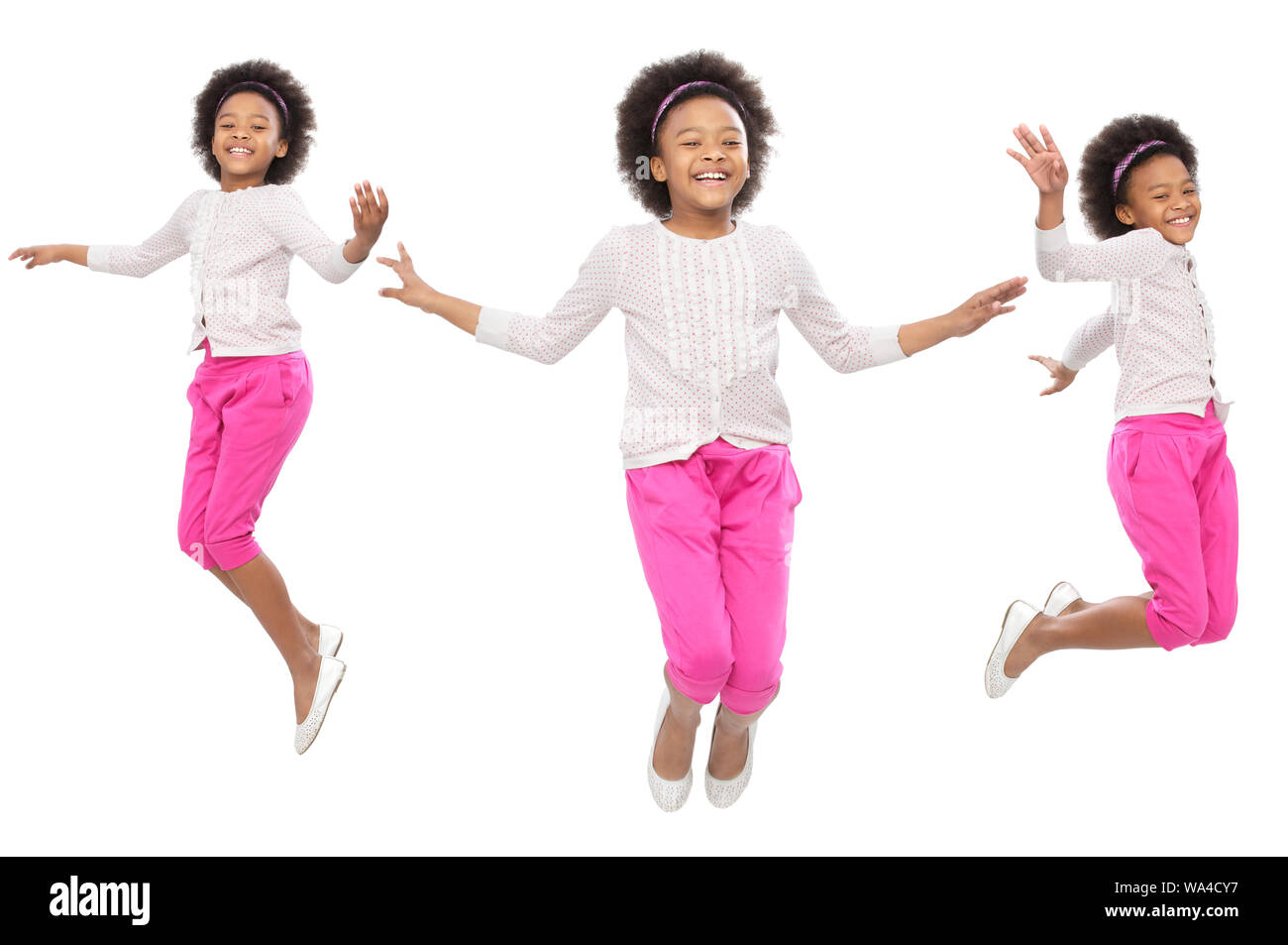Multiple images of a girl jumping in air and smiling Stock Photo - Alamy
