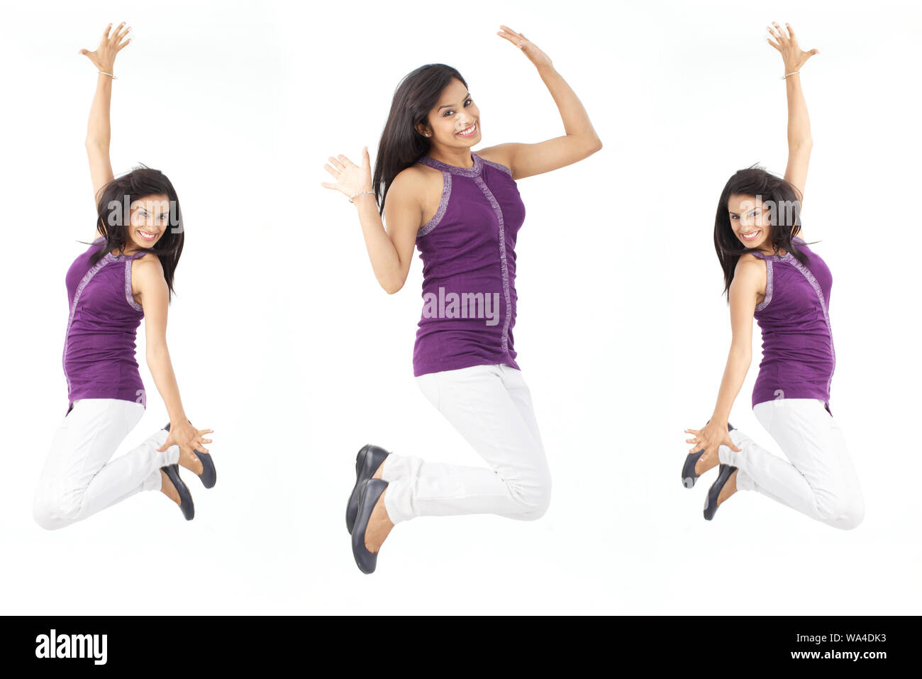 Multiple images of a young woman jumping in air Stock Photo - Alamy