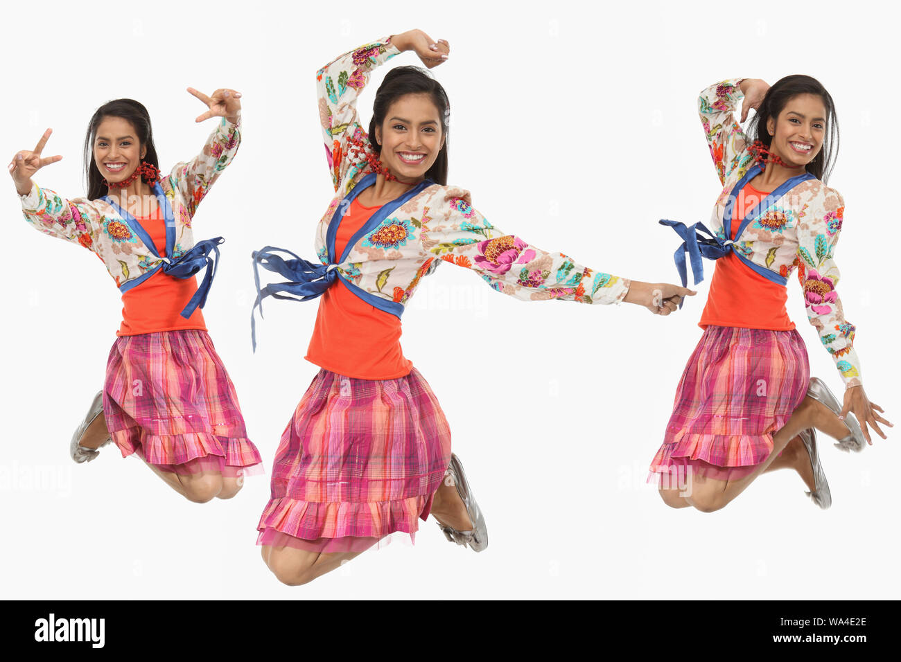 Multiple images of a young woman jumping in air Stock Photo - Alamy
