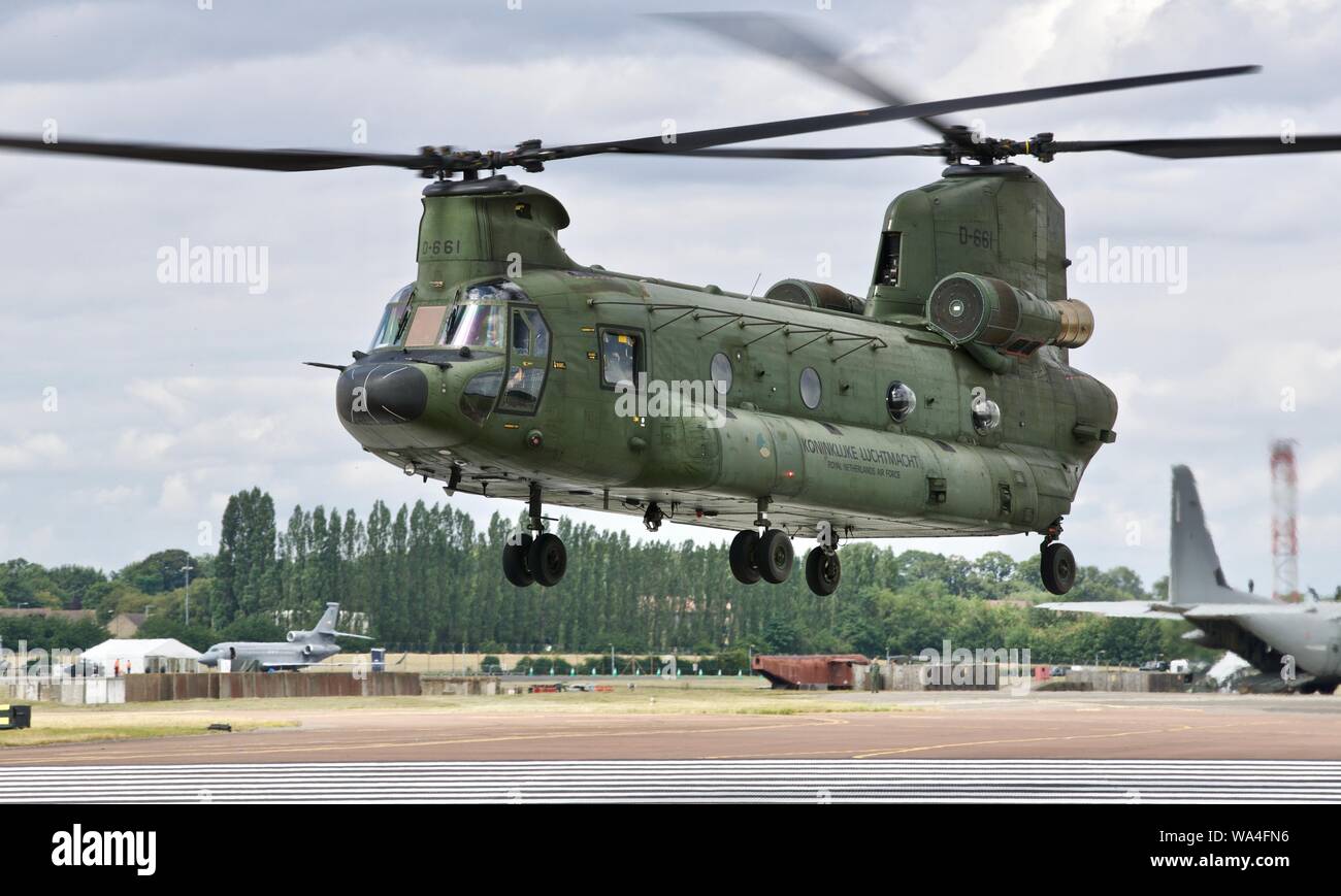 Royal Netherlands Air Force CH-47D/F Chinook arriving at RAF Fairford for the 2019 Royal International Air Tattoo Stock Photo