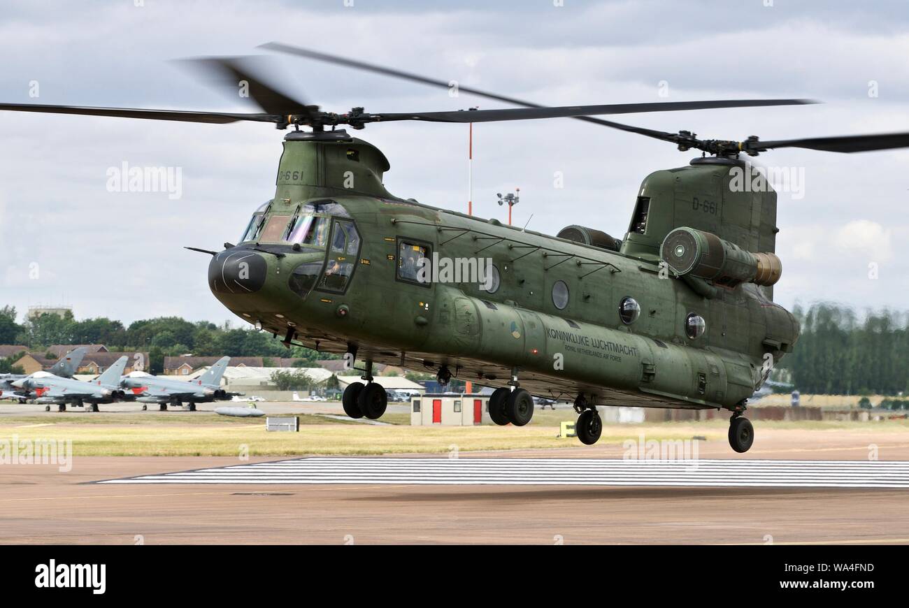 Royal Netherlands Air Force CH-47D/F Chinook arriving at RAF Fairford for the 2019 Royal International Air Tattoo Stock Photo