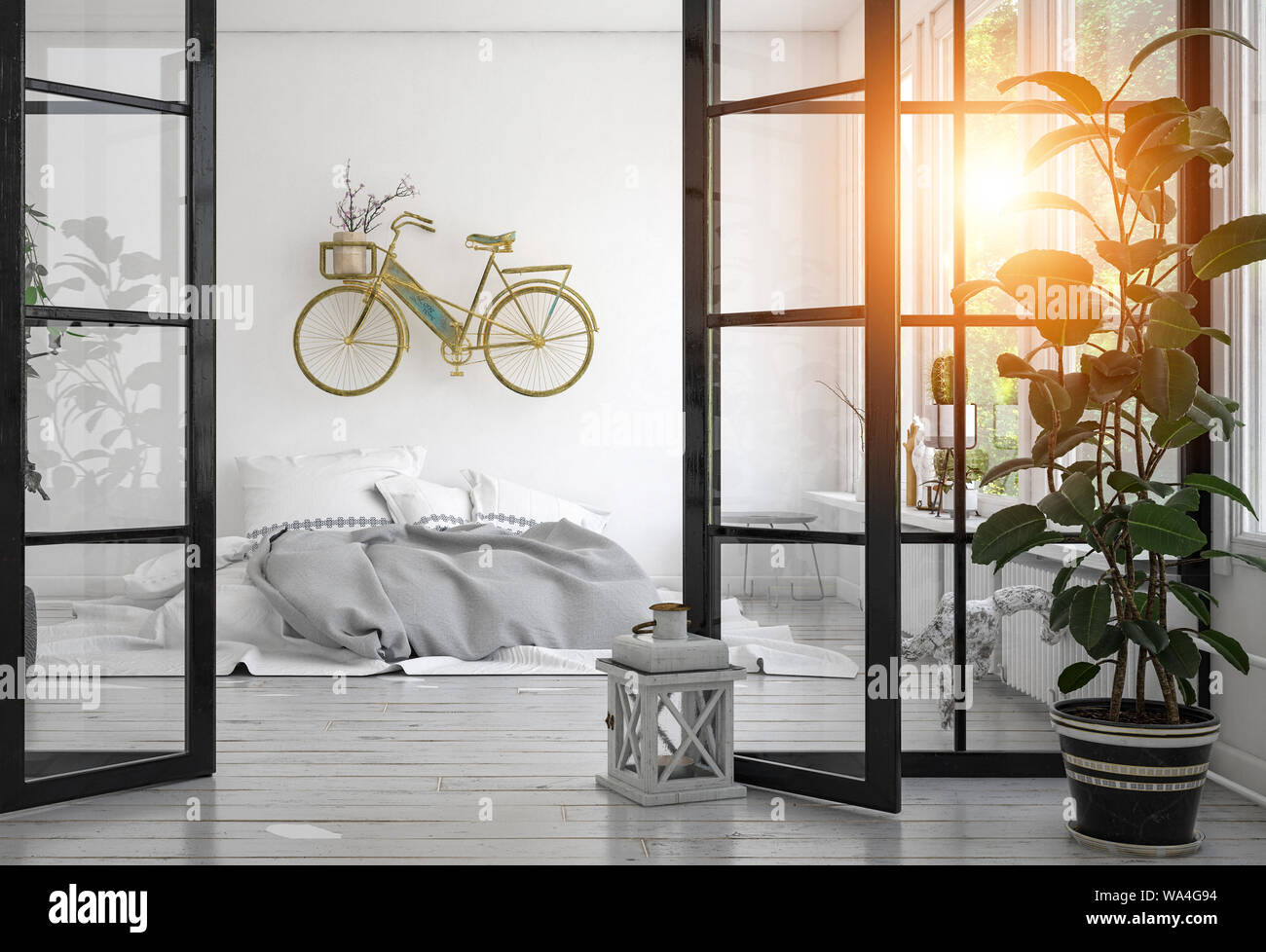 Contemporary Interior With Low Grey Bed And Tall Potted