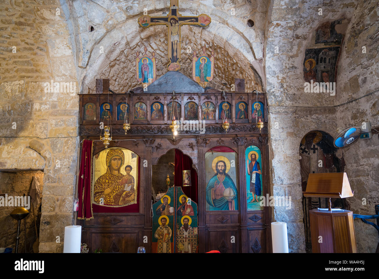 Panagia Odigitria (Virgin Mary) is a large Eastern Orthodox Church in Kouklia village, Paphos district, Cyprus Island, built in the 12th century. Stock Photo